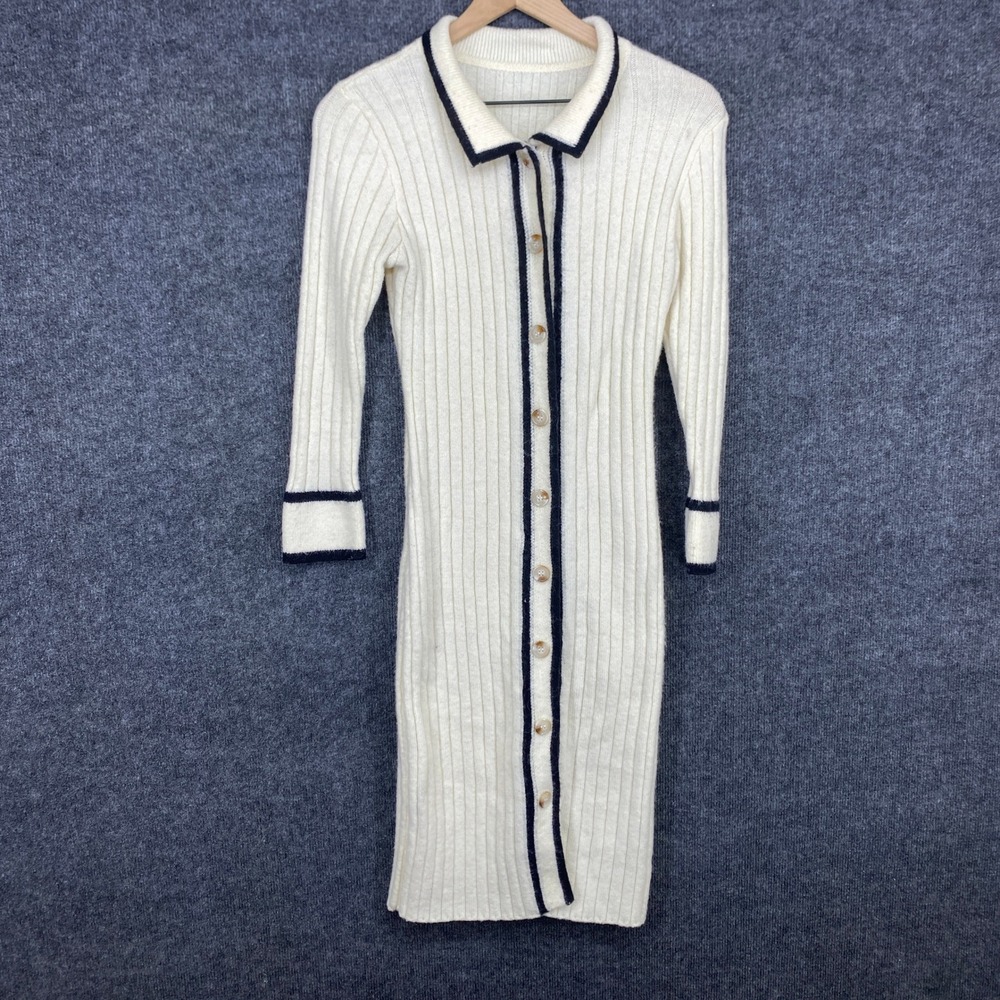 SHEIN Women Cream Ribbed Knit Button Front Polo Midi Dress Contrast Trim Size M